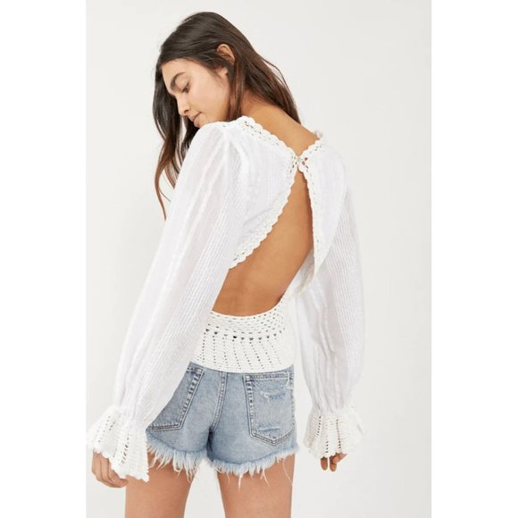 new sz Large L FREE PEOPLE MEGAN CROCHET TOP IVORY WHITE VICTORIAN OPEN BACK - Picture 2 of 9